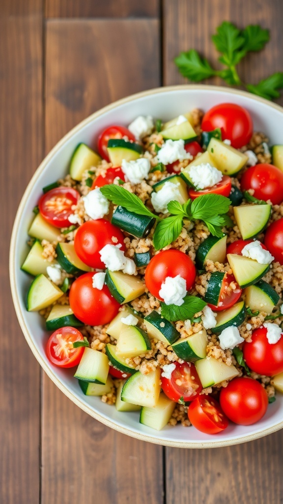 Mediterranean quinoa salad with zucchini, tomatoes, cucumber, and feta cheese in a bowl on a wooden table.
